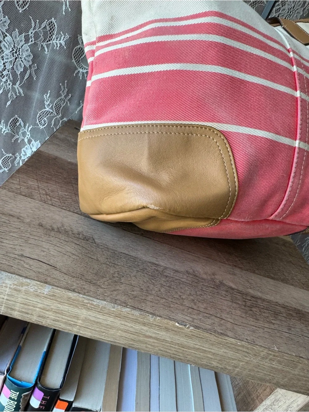 Coach Pink and Cream Canvas Stripe Tote with Tan Leather Trim